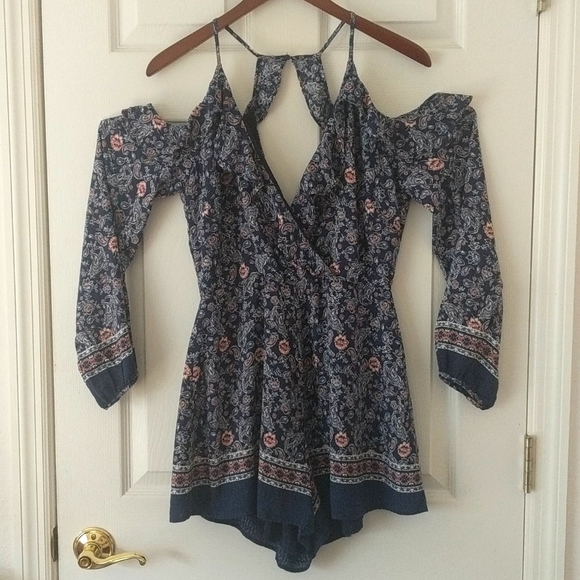 Lush Pants - Lush Floral Paisley Long Sleeve Romper Navy Large